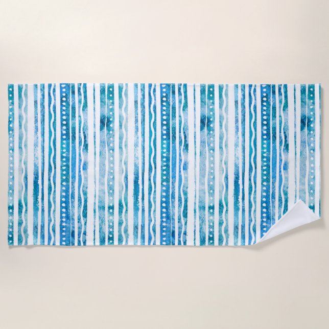 Seabreeze Watercolor Blue Strip Beach Muster Strandtuch (Vorderseite)