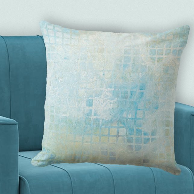 Seafoam Abstraktes, kariertes Muster Kissen (Pillow featuring a checkered pattern in turquoise blue, off white and pale green - beach house)