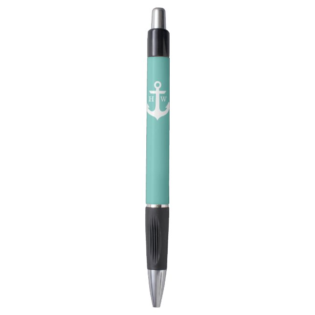 Seafoam blauer Anker mit Monogramm Kugelschreiber (Vorderseite Vertikal)