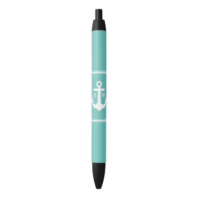 Seafoam blauer Anker mit Monogramm Kugelschreiber (Vorderseite Vertikal)