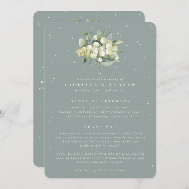 Seafoam Green Snowberry+Eucalyptus Bouquet Wedding Programm (Vorne/Hinten)