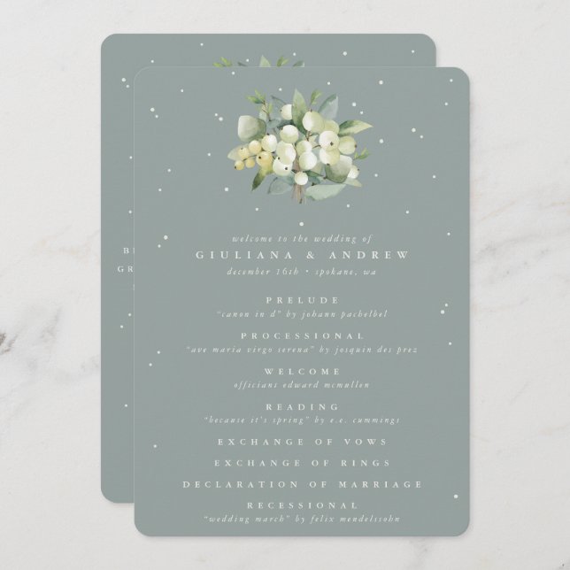 Seafoam Green Snowberry+Eucalyptus Bouquet Wedding Programm (Vorne/Hinten)