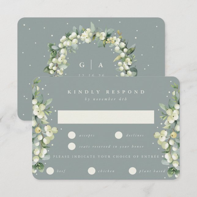 Seafoam Green Snowberry+Eucalyptus Edged Wedding RSVP Karte (Vorne/Hinten)