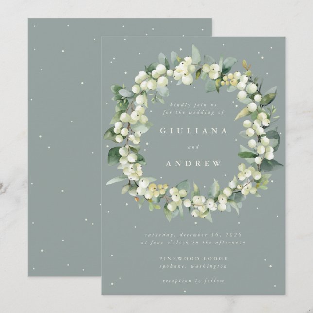 Seafoam Green Snowberry+Eucalyptus Wreath Wedding Einladung (Vorne/Hinten)