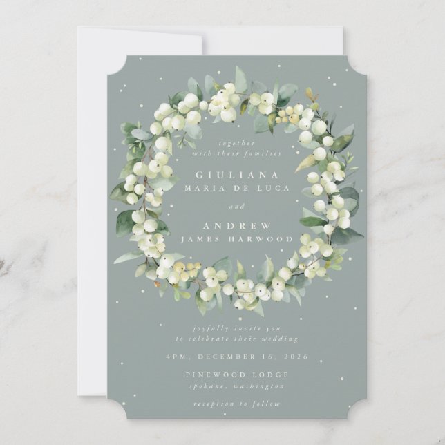 Seafoam Green Snowberry+Eucalyptus Wreath Wedding Einladung (Vorderseite)