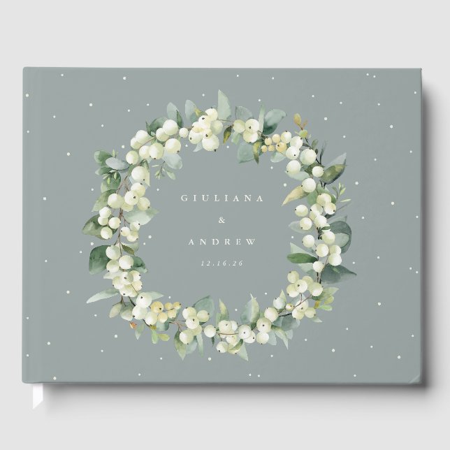 Seafoam Green Snowberry+Eucalyptus Wreath Wedding Gästebuch (Vorderseite)