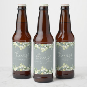 Seafoam Green Snowberry+Eukalyptus Winter Wedding Bierflaschenetikett
