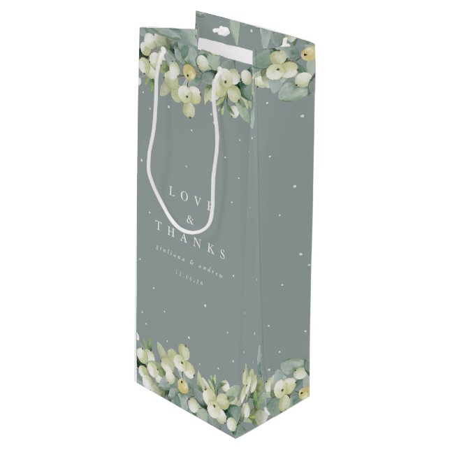 Seafoam Green Snowberry+Eukalyptus Winter Wedding Geschenktüte Für Weinflaschen (Vorderseite Schrägansicht)