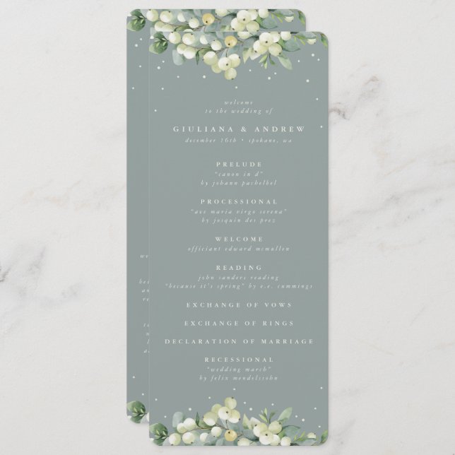 Seafoam Green Snowberry+Eukalyptus Winter Wedding Programm (Vorne/Hinten)