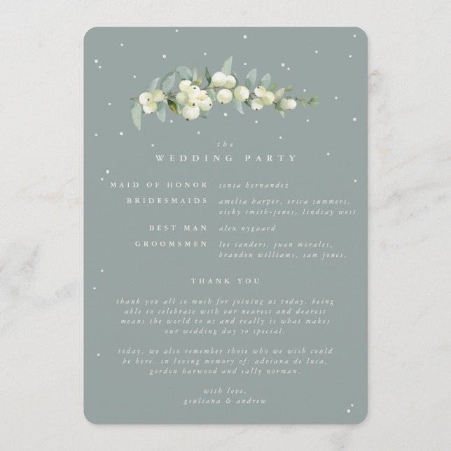 Seafoam Green Snowberry+Eukalyptus Winter Wedding Programm (Rückseite)