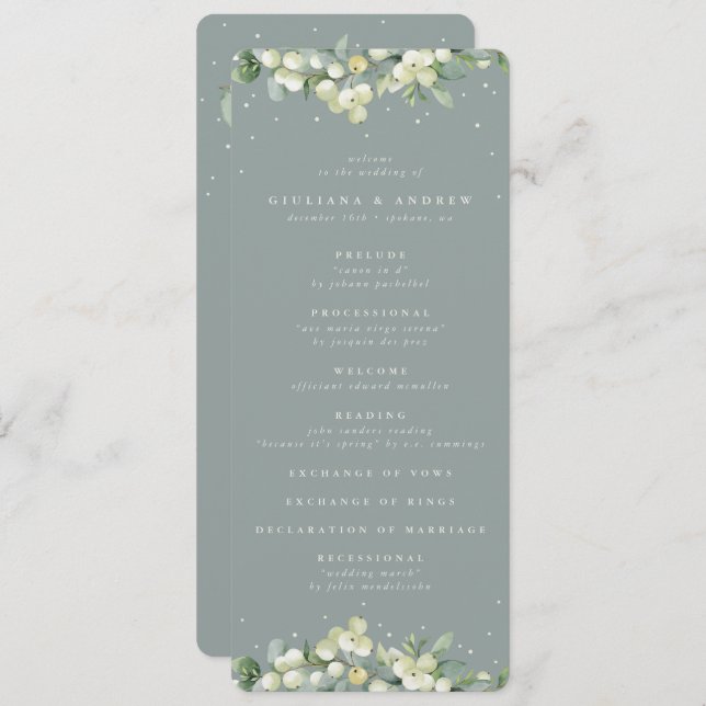 Seafoam Green Snowberry+Eukalyptus Winter Wedding Programm (Vorne/Hinten)