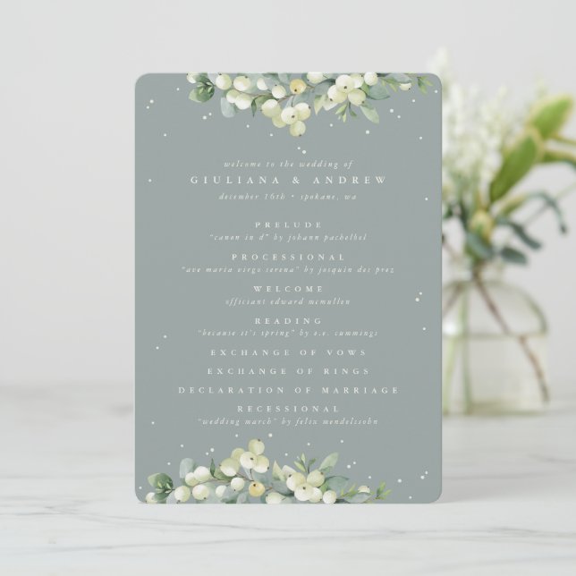 Seafoam Green Snowberry+Eukalyptus Winter Wedding Programm (Stehend Vorderseite)