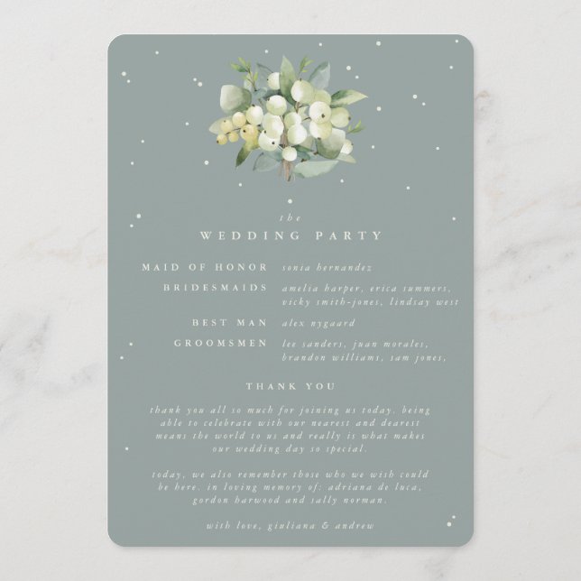 Seafoam Green Snowberry+Eukalyptus Winter Wedding Programm (Rückseite)