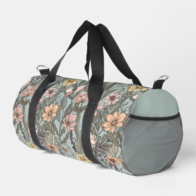 Seafoam Pink Yellow Retro Wildflower Duffle Bag (Rechte Ecke)