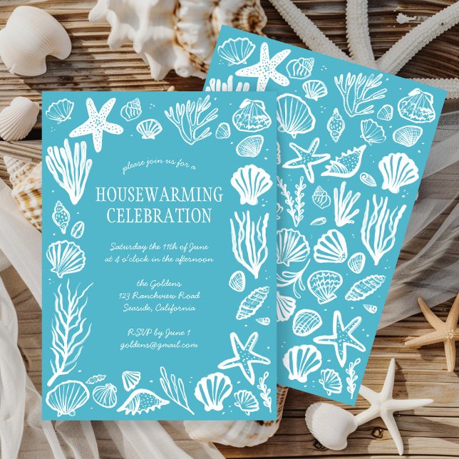 Seafoam Seashells Custom HoUSEWARMING PARTY Einladung (Seafoam Seashells Custom HOUSEWARMING PARTY Invitation Beach Ocean Coast Sea Shells Blue New Home
)