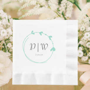 Seafoam Simple Heart Wreath Monogram Wedding Serviette