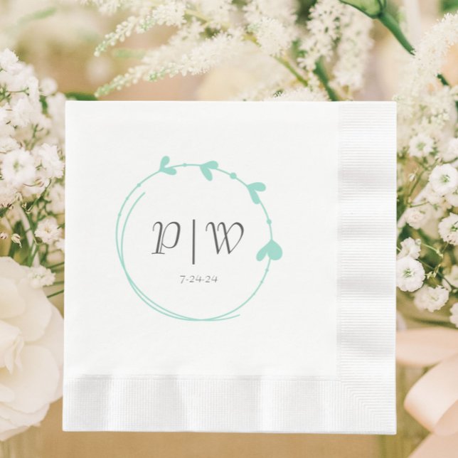 Seafoam Simple Heart Wreath Monogram Wedding Serviette (In Situ Wedding)