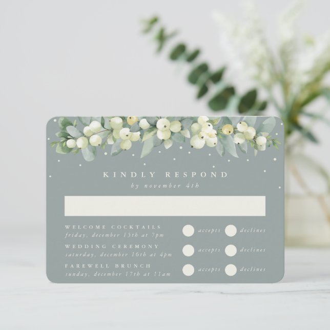 Seafoam Snowberry+Eucalyptus Wedding Multi-Event RSVP Karte (Stehend Vorderseite)