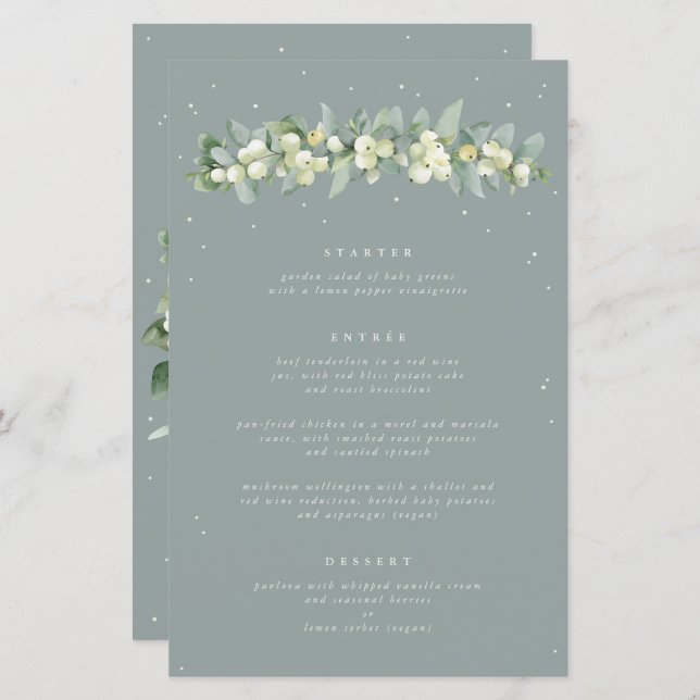 Seafoam Snowberry+Eukalyptus 3 Kurs Hochzeitmenü (Vorne/Hinten)