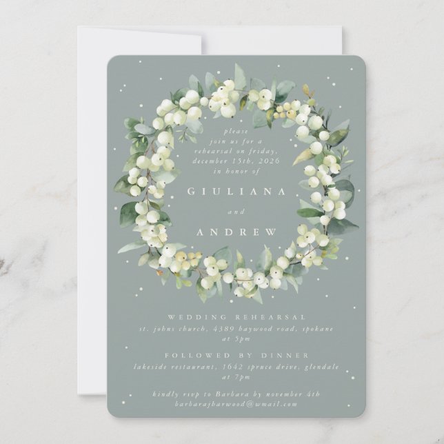 Seafoam Snowberry+Eukalyptus Wedding Probe Einladung (Vorderseite)