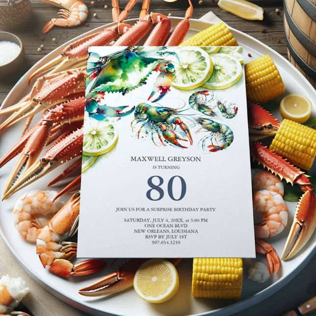 Seafood Boil 80. Geburtstag Einladungen (80th birthday invitations for a man watercolor seafood boil cajun style crab, shrimp and crawfish)