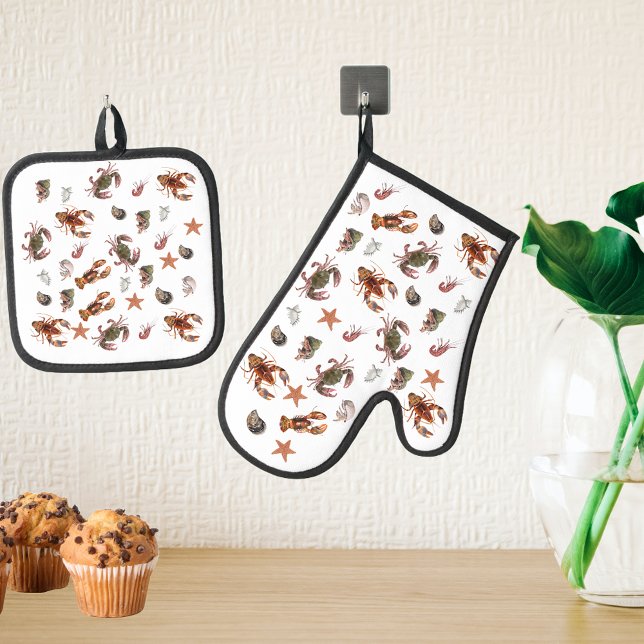 Seafood Crustacean Hummer Crab Beach House Ofenhandschuh & Topflappen-Set (Von Creator hochgeladen)