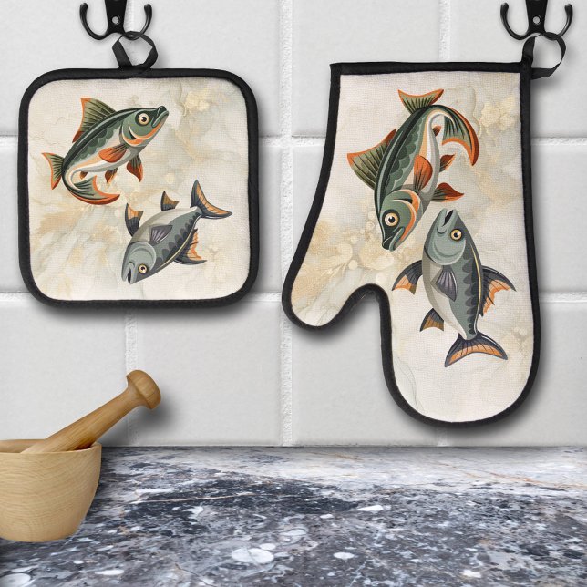 Seafood Fish Nautic Ofenhandschuh & Topflappen-Set (Cute oven mitt and pot holder set featuring fishes - seafood - beach house - chef )