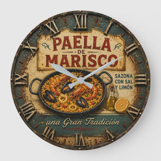 Seafood Paella Spanish Kitchen Rustic Restaurant  Große Wanduhr (Vorderseite)