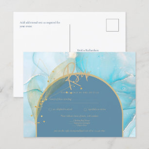 Seaglass INK Aquamarin Aqua Blue Gold Wedding RSVP Postkarte