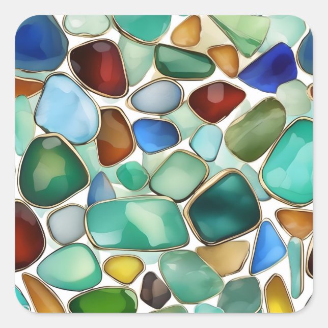 Seaglass Sammlung für Schmuck. Quadratischer Aufkleber (Vorderseite)