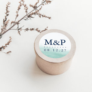 Seaglass Tides Wedding Monogram Runder Aufkleber