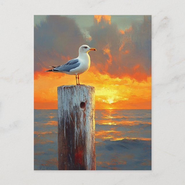 Seagull auf der Post Sunset Over the Ocean Art Postkarte (Vorderseite)