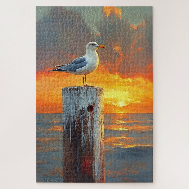 Seagull auf einem Pole Sunset Puzzle (Vertikal)