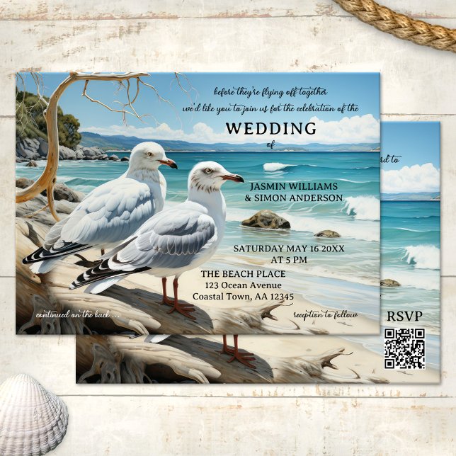 Seagull Beach Adventure auf einer Hochzeit Einladung (All in one wedding invitation featuring two seagulls looking out at the beach)