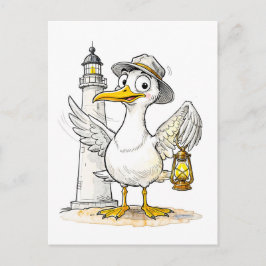 Seagull Comic Lighthouse Lantern Postkarte