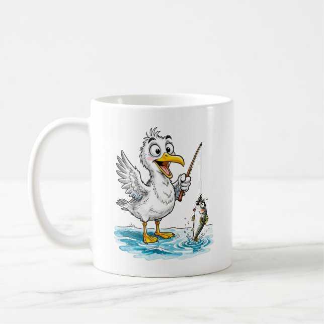 Seagull Fishing with Rod in Shallow Water Kaffeetasse (Links)