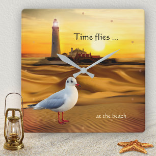 Seagull Lighthouse Beach Sunset Wall Clock Quadratische Wanduhr