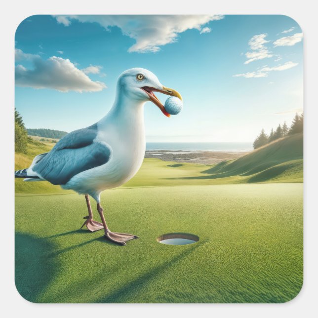 Seagull mit Golfball Quadratischer Aufkleber (Vorderseite)