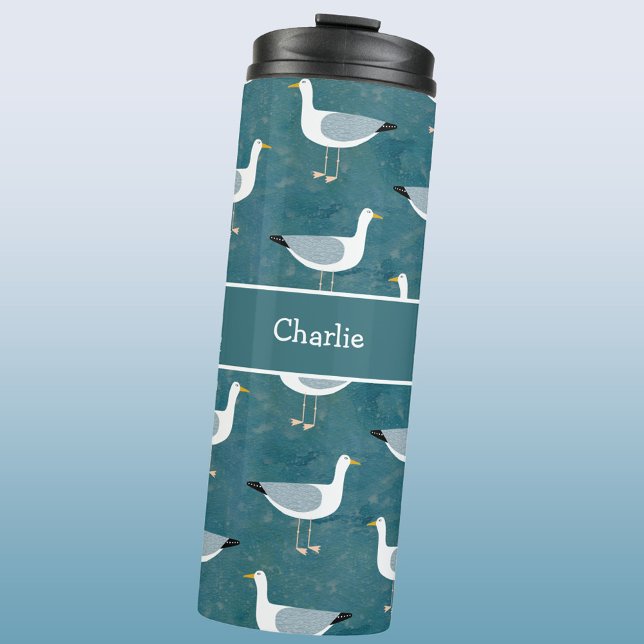 Seagull Nautic Name Thermosbecher (Personalized name seagull nautical coastal thermal tumbler)