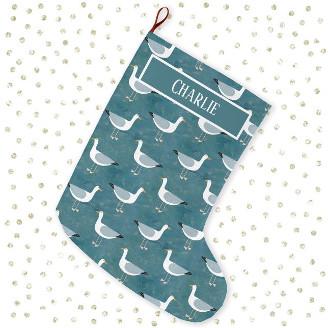 Seagull Personalisiert Großer Weihnachtsstrumpf (Personalized custom name seagull coastal Christmas stocking)