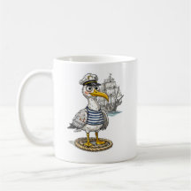 Seagull Sailor with Rope and Ship Background