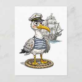 Seagull Sailor with Rope and Ship Background Postkarte