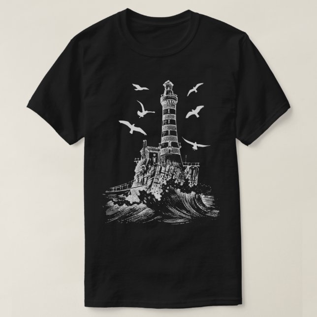 Seagull Silhouette Illustriert Lighthouse Image Gi T-Shirt (Design vorne)
