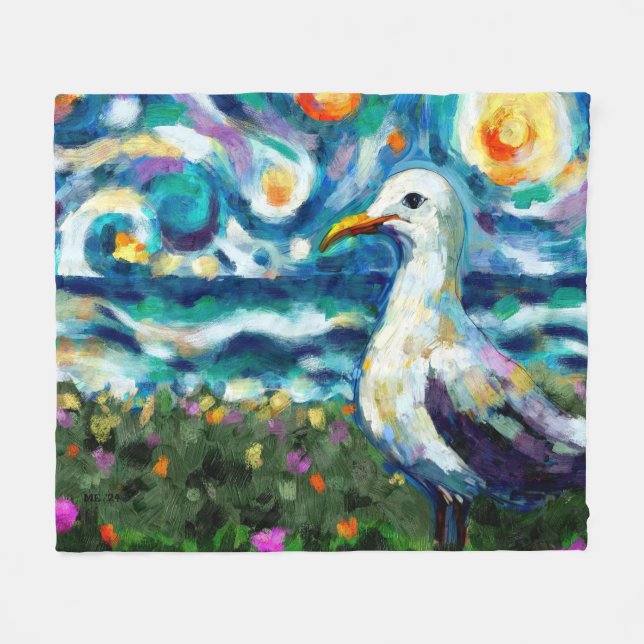 Seagull Van Gogh Style Beach Sky Blue Aquamarin Fleecedecke (Vorderseite (Horizontal))