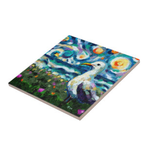 Seagull Van Gogh Style Beach Sky Blue Aquamarin Fliese
