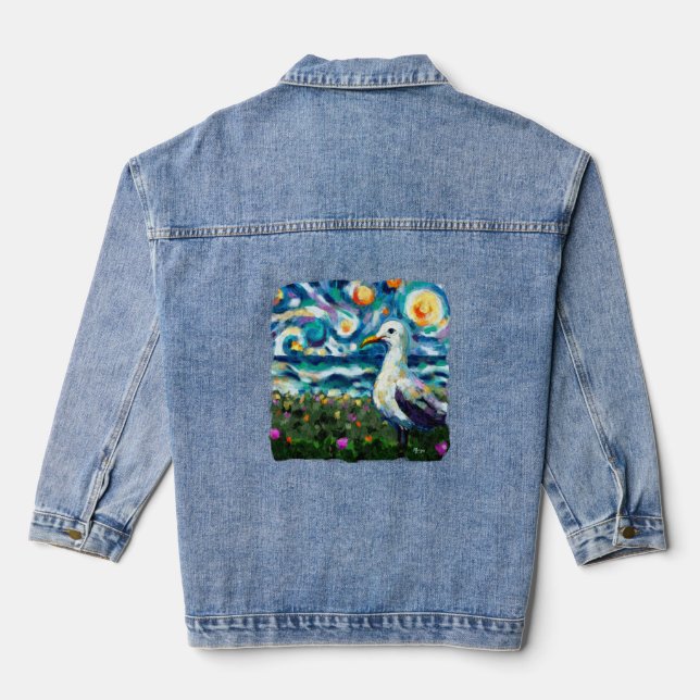 Seagull Van Gogh Style Beach Sky Blue Aquamarin Jeansjacke (Rückseite)