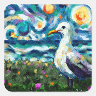 Seagull Van Gogh Style Beach Sky Blue Aquamarin Quadratischer Aufkleber
