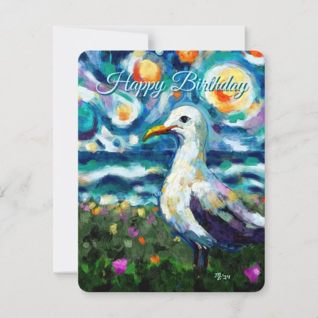 Seagull Van Gogh Style Beach Sky Geburtstagkarte (Vorderseite)