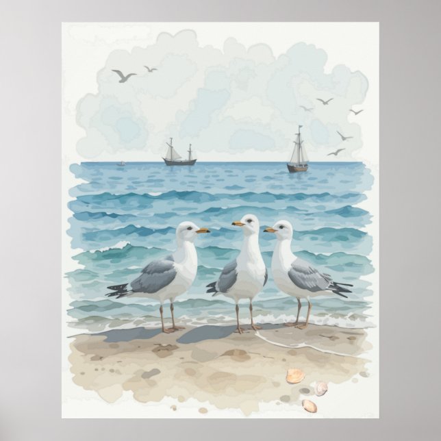 Seagulls im Meer Poster (Vorne)