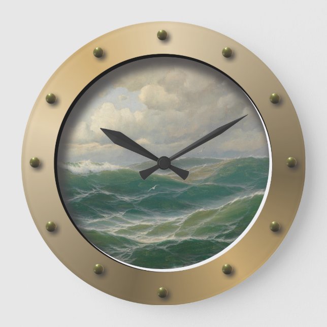 Seagulls Over Waves Nautical Art Ships Porthole Große Wanduhr (Vorderseite)
